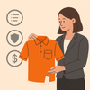 Flat-style digital illustration of a professional woman in a dark blazer holding an orange high-visibility polo shirt with a tag. To her left are three minimalist icons: a checklist, a shield, and a dollar sign, all on a light beige background.