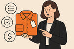 Flat-style digital illustration of a professional woman in a blazer holding an orange collared work shirt with a price tag. To her left are three circular icons: a checklist, a shield, on a beige background.