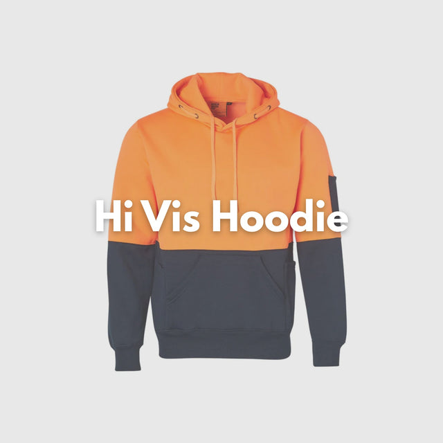 **Alt Text:** Female worker wearing orange hi-vis fleece jumper with reflective tape β custom safety hoodie with free printed logo included, ideal for cold worksites.