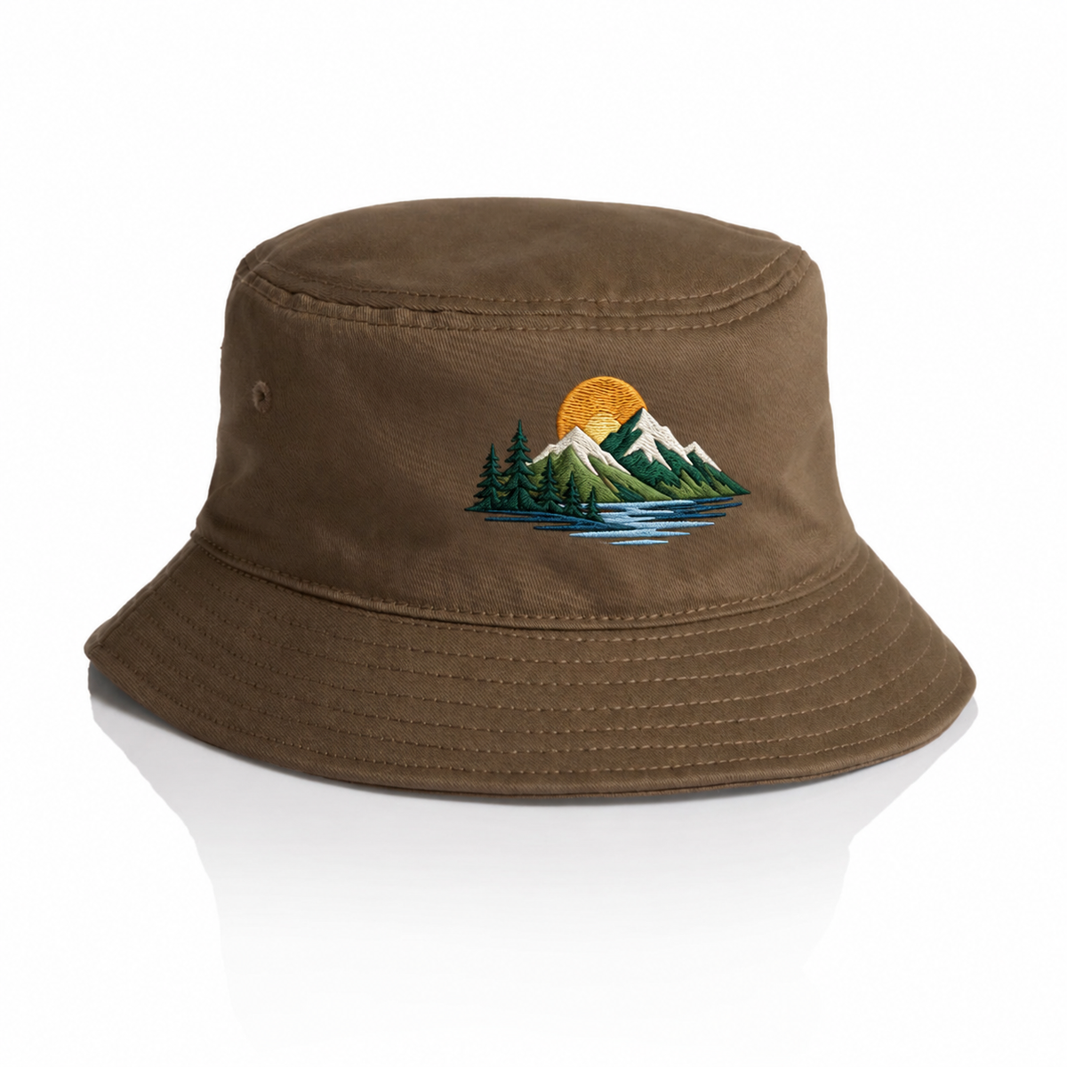 AS Colour Bucket Hat 1117 with a coloured example embroidered logo; original photographed hat colour and construction