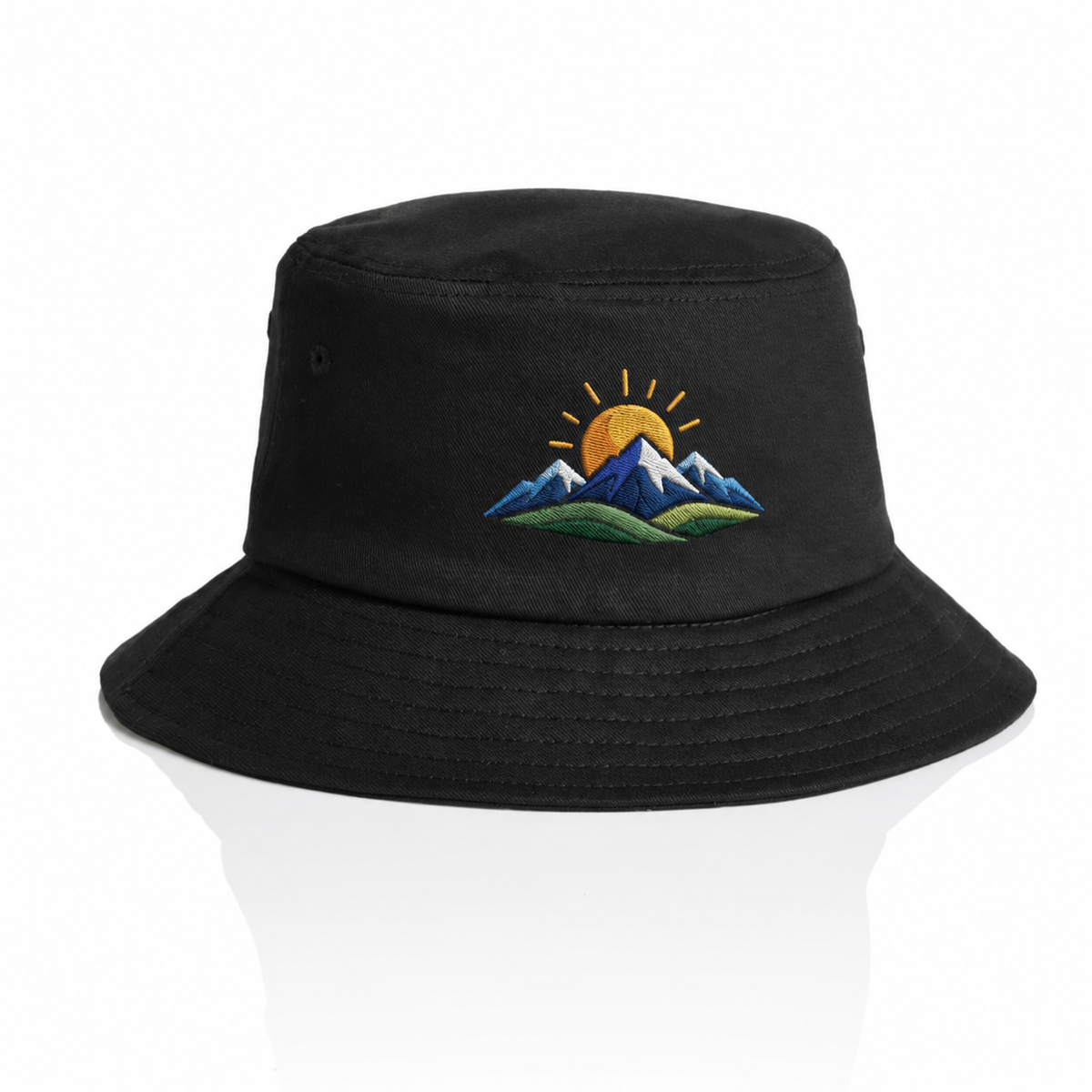 AS Colour Kids Bucket Hat with a coloured example embroidered logo; original photographed hat colour and construction