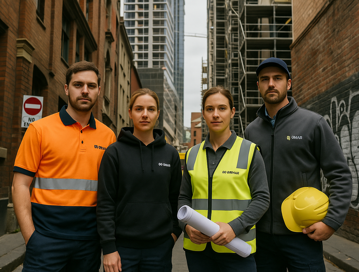 Four individuals in work attire standing in an urban setting with buildings and scaffolding in the background.