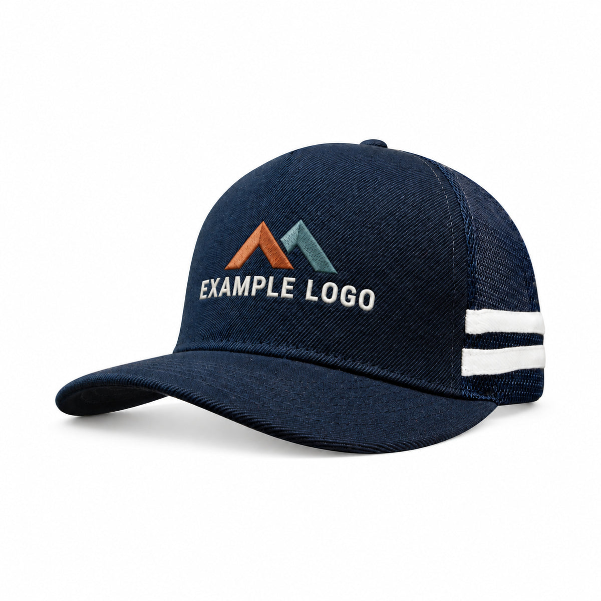 3995 Navy/White striped trucker cap with EXAMPLE front embroidery; illustrative logo mockup