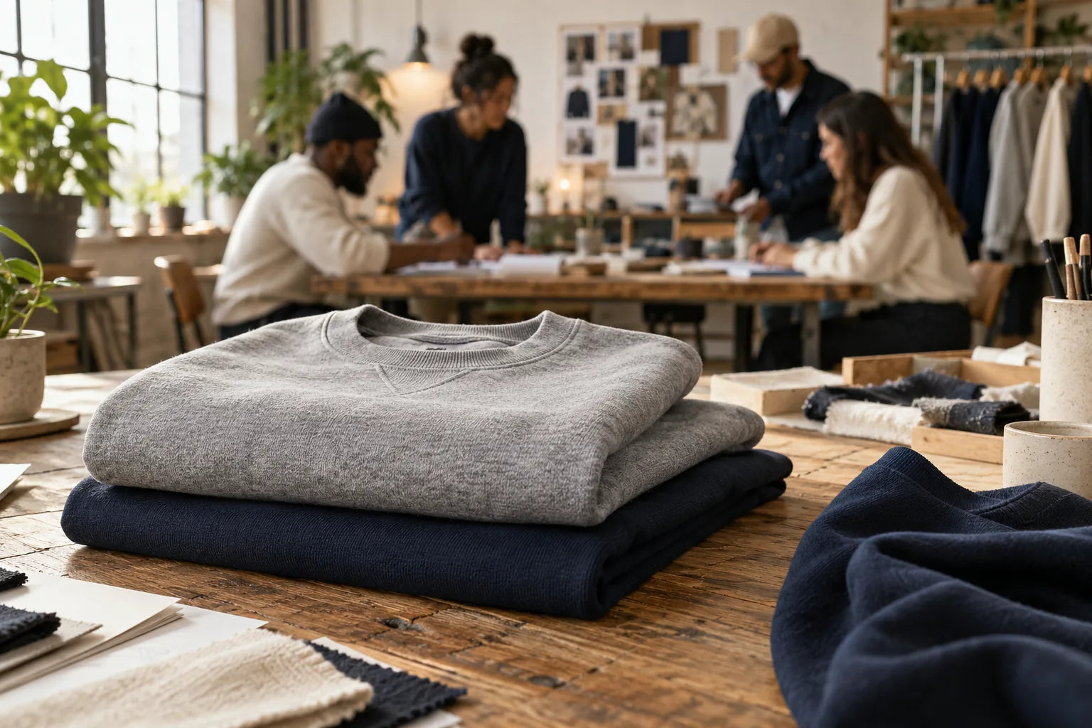 Illustrative folded apparel in a creative studio