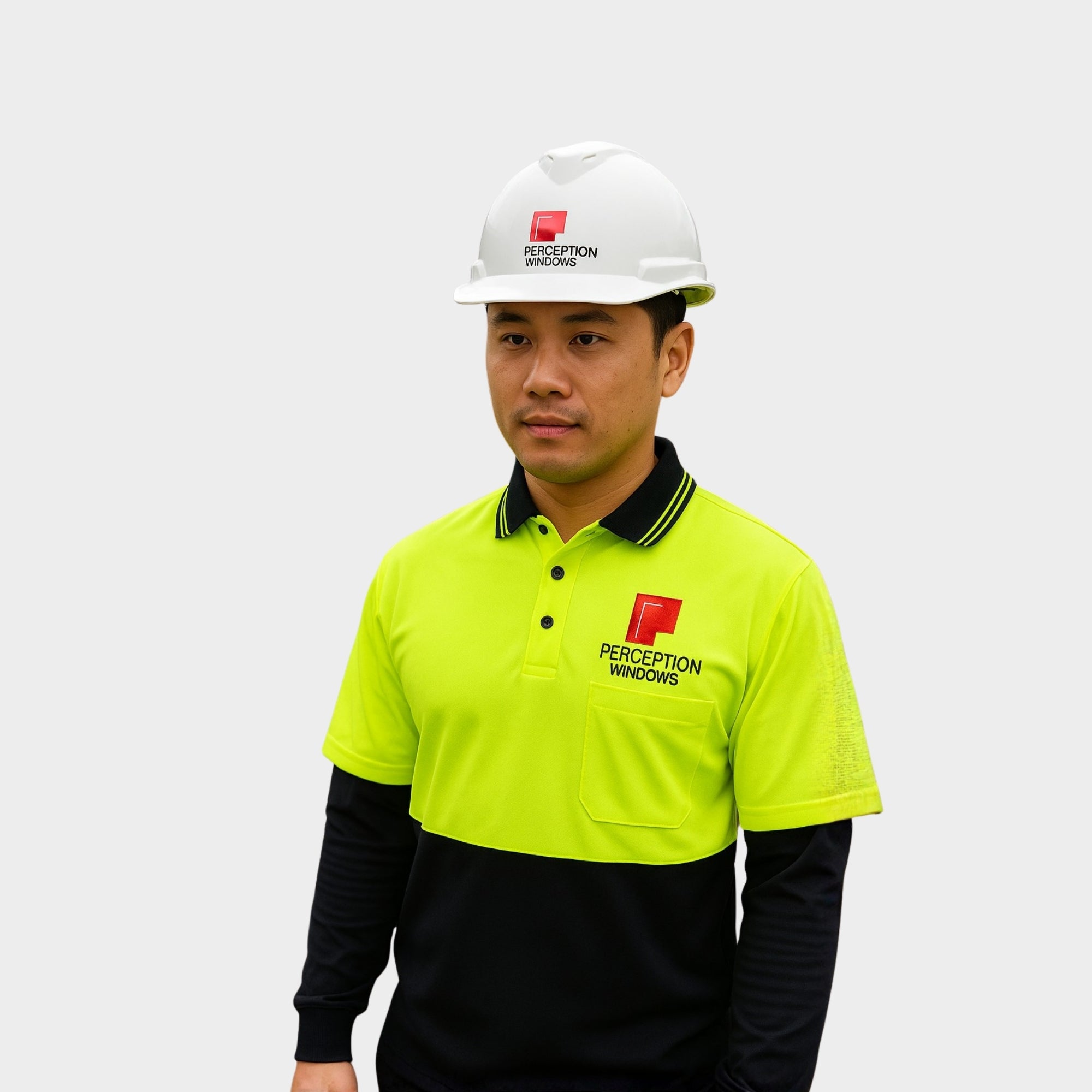 Custom  embroidered hi-vis workwear and hard hat for Perception Window by My Promo Shop in Melbourne.