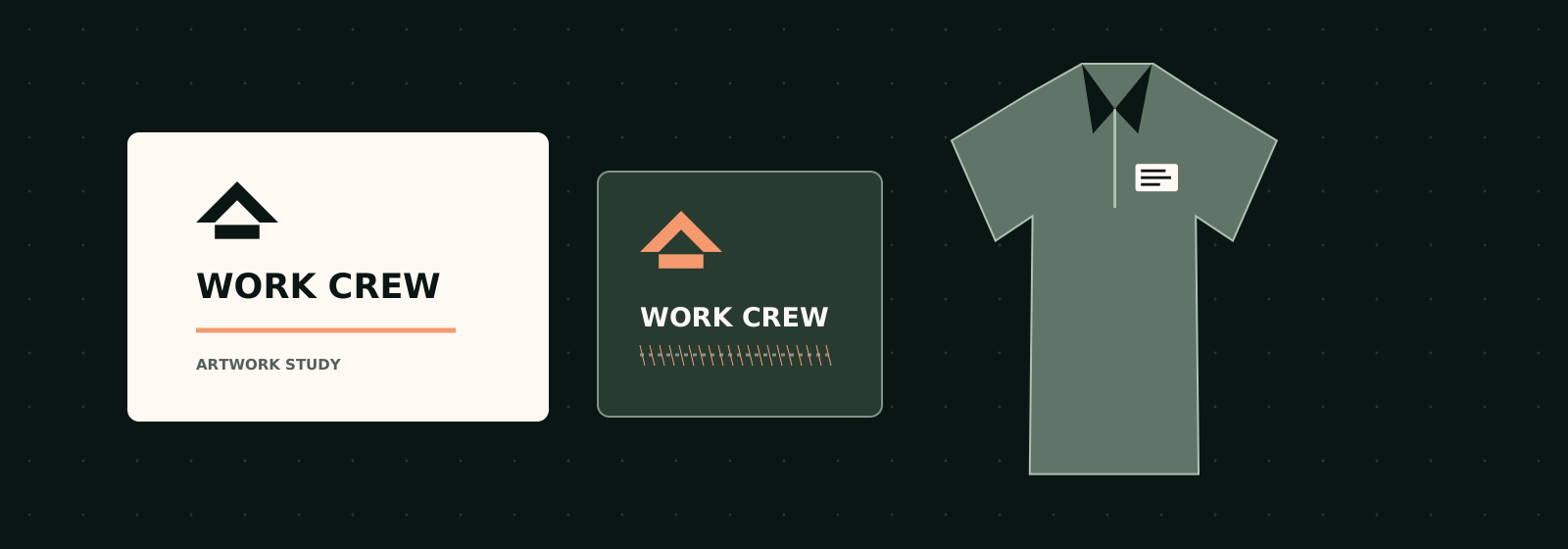 Illustrative workwear artwork study with a polo outline, a clear logo mark and embroidery-style lettering.