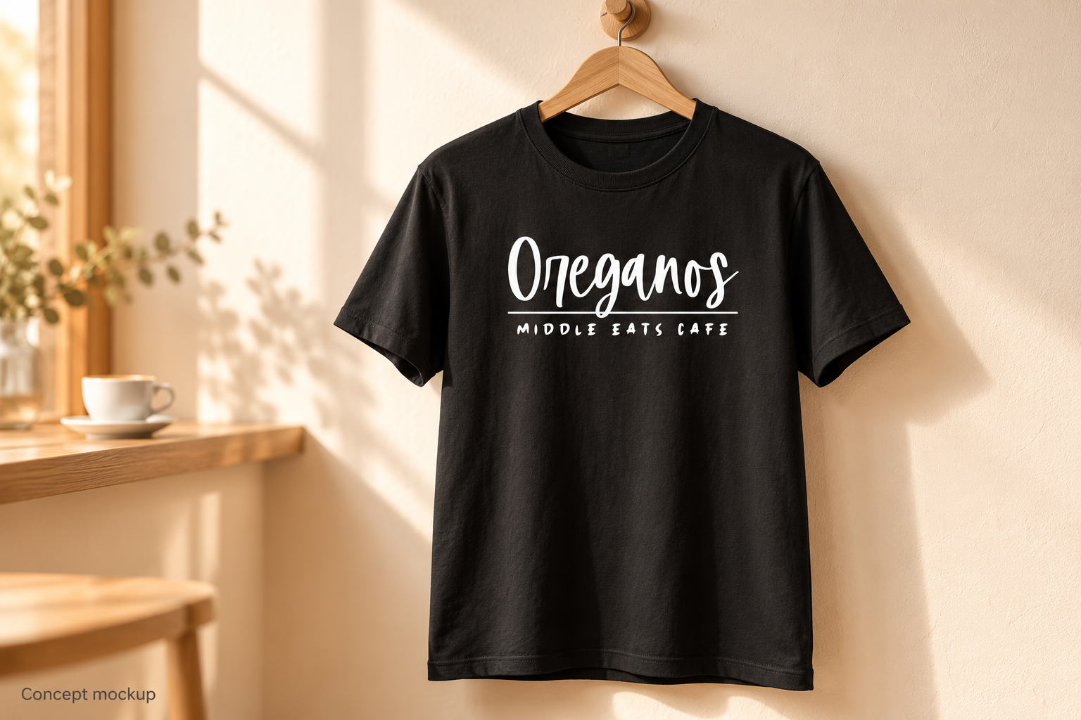 Concept mockup of a black Oreganos Middle Eats Cafe T-shirt with a white chest logo, hanging in an illustrative warm café setting.