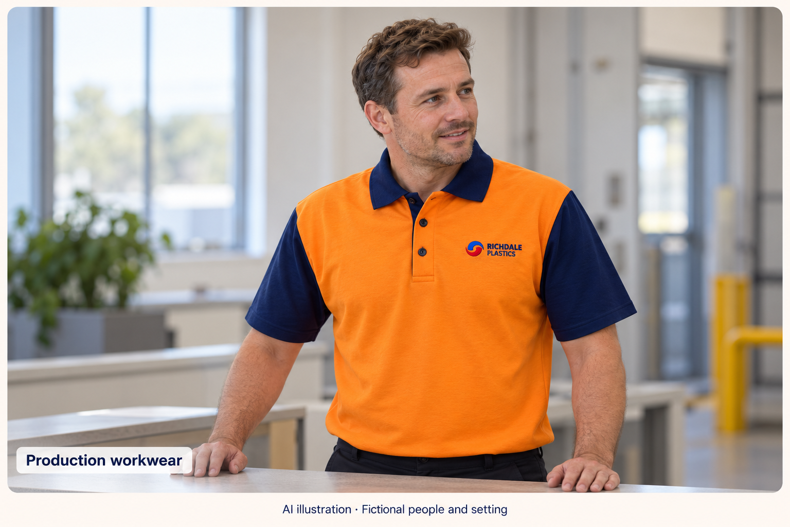 AI styling illustration of a fictional adult in an orange and navy Richdale Plastics polo in a generic production-area setting.
