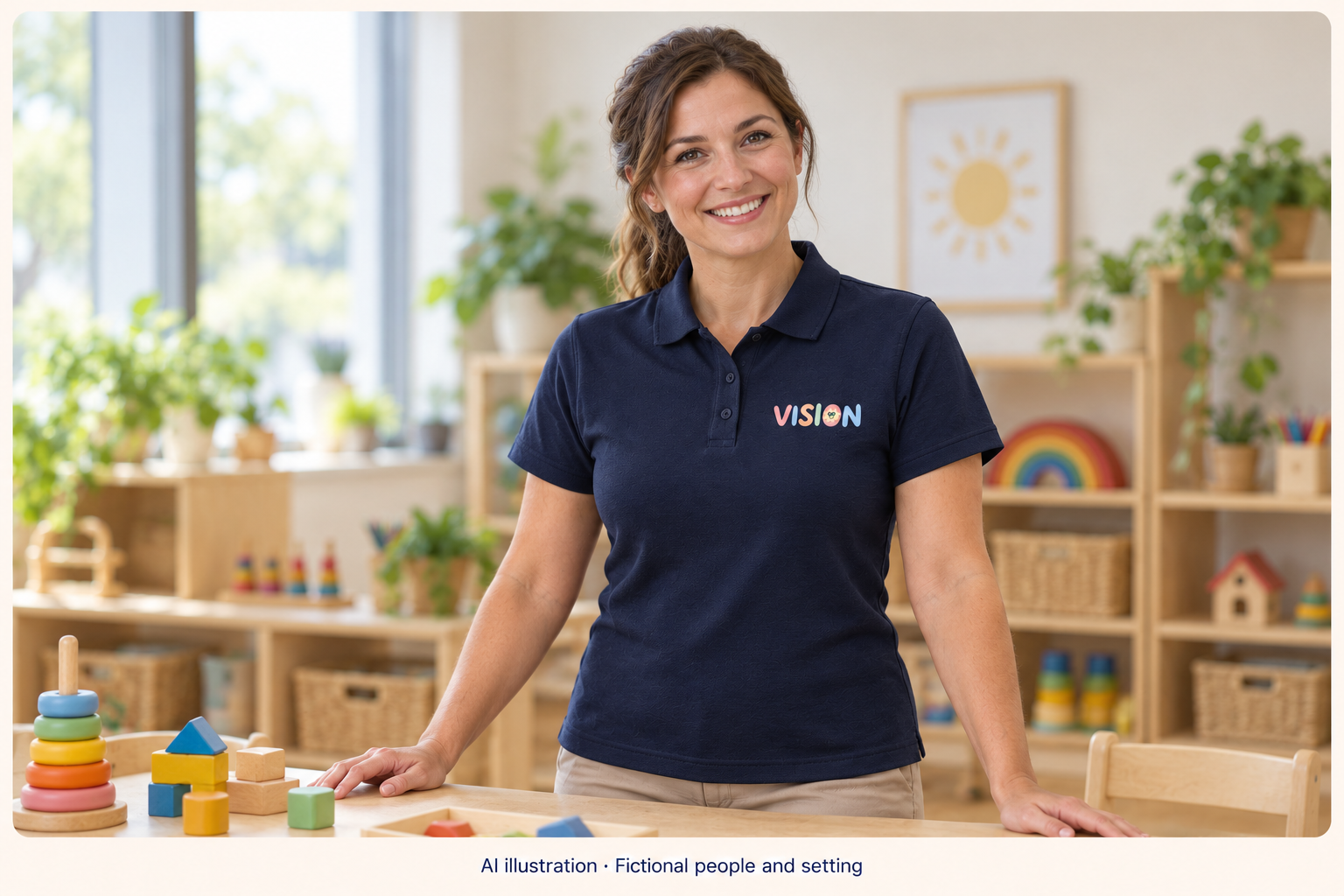 AI illustration of a fictional adult educator wearing a navy polo with Vision embroidery in a fictional early-learning room.