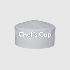 A white, round chef’s cap with mesh ventilation on top, shown against a light gray background. The words Chef’s Cap are written across the front in bold white letters.