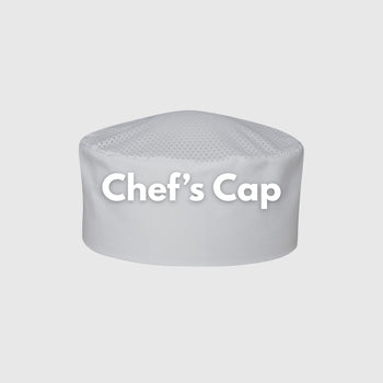 A white, round chef’s cap with mesh ventilation on top, shown against a light gray background. The words Chef’s Cap are written across the front in bold white letters.
