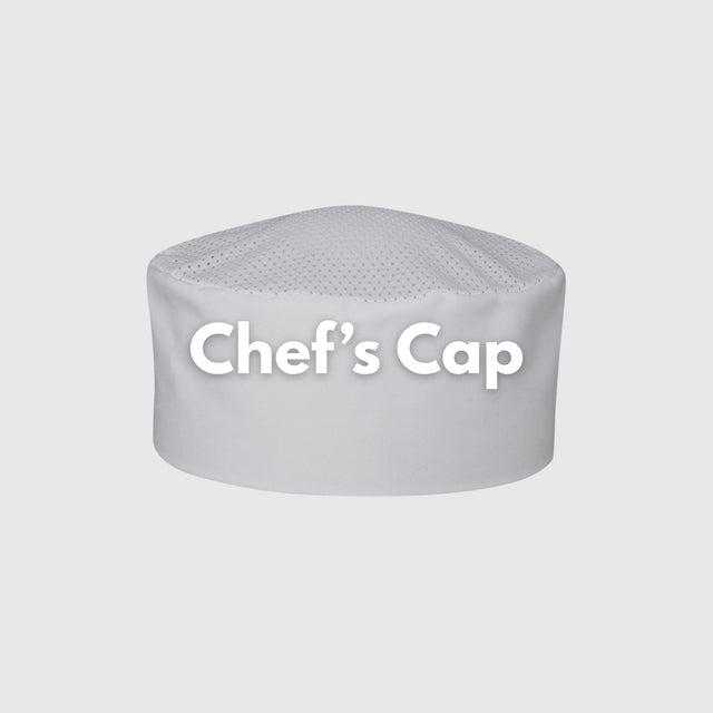 A white, round chef’s cap with mesh ventilation on top, shown against a light gray background. The words Chef’s Cap are written across the front in bold white letters.