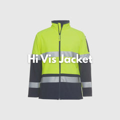 **Alt Text:** Male worker wearing high visibility yellow safety jacket with reflective tape – custom printed hi-vis outerwear with free logo included, compliant with AS/NZS standards.
