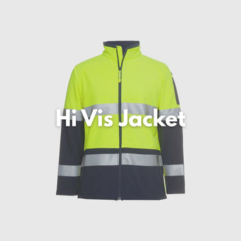 **Alt Text:** Male worker wearing high visibility yellow safety jacket with reflective tape – custom printed hi-vis outerwear with free logo included, compliant with AS/NZS standards.