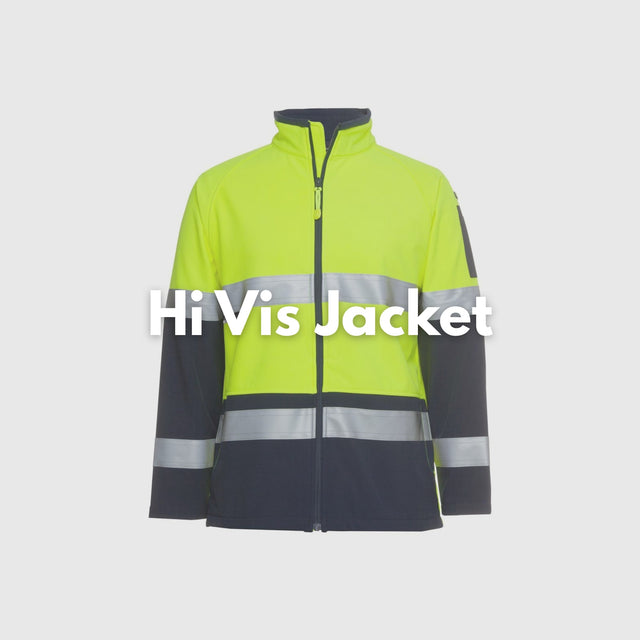 **Alt Text:** Male worker wearing high visibility yellow safety jacket with reflective tape – custom printed hi-vis outerwear with free logo included, compliant with AS/NZS standards.