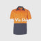 **Alt Text:** Female tradie wearing hi-vis yellow and navy work shirt with reflective tape – custom printed safety shirt with free logo included, compliant with AS/NZS standards.