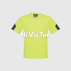 Male tradie wearing hi-vis yellow safety singlet on construction site – lightweight custom singlet with free printed logo included.
