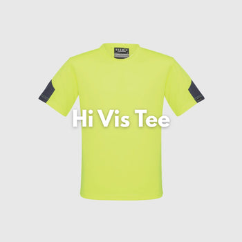 Male tradie wearing hi-vis yellow safety singlet on construction site – lightweight custom singlet with free printed logo included.