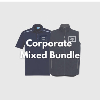 Custom workwear set including polo shirts, vests, and hoodies with digital print logos by My Promo Shop in Melbourne.