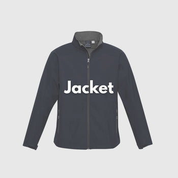 **Alt Text:** Man wearing black softshell work jacket and beanie outdoors – custom printed jacket with free logo included, perfect for staff uniforms and winter workwear.