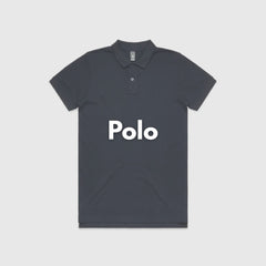 **Alt Text:** Smiling woman wearing navy custom polo shirt – personalised uniform with free printed logo included, ideal for workwear and team branding.