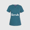 A teal short-sleeve scrub top with a V-neck and two front pockets is centered on a plain light gray background. The word Scrub is written in bold white letters across the chest.