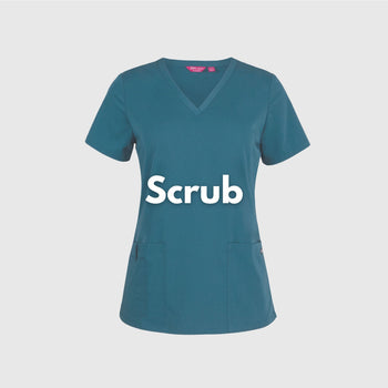 A teal short-sleeve scrub top with a V-neck and two front pockets is centered on a plain light gray background. The word Scrub is written in bold white letters across the chest.