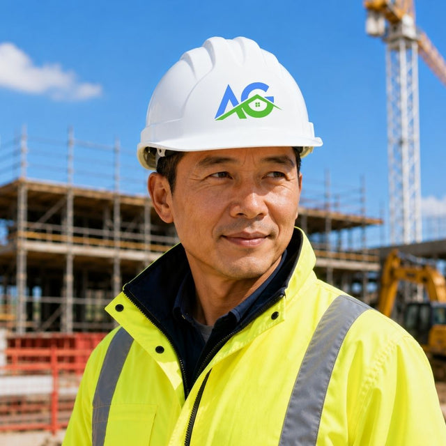 A man wearing a white hard hat with a blue and green 'AG' logo and a high-visibility yellow safety jacket stands at a construction site under a blue sky.