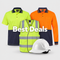 Best Deals collection featuring yellow and navy short-sleeve and orange and navy long-sleeve Workcraft polos, a yellow hi-vis vest and a white hard hat on a light-grey background.