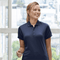 **Alt Text:** Smiling woman wearing navy custom polo shirt – personalised uniform with free printed logo included, ideal for workwear and team branding.