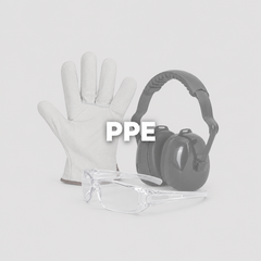 PPE collection with a leather work glove, safety glasses and ear muffs on a muted grey background with centered white PPE text
