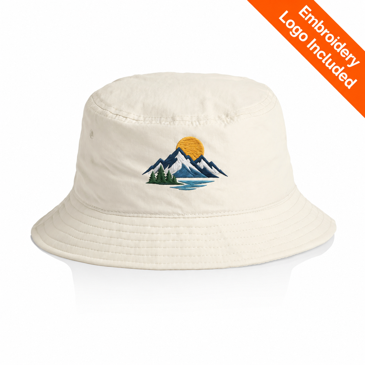 Personalised AS Colour Nylon Bucket Hat with a coloured example embroidered logo; original photographed hat colour and construction