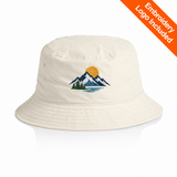 Personalised AS Colour Nylon Bucket Hat with a coloured example embroidered logo; original photographed hat colour and construction