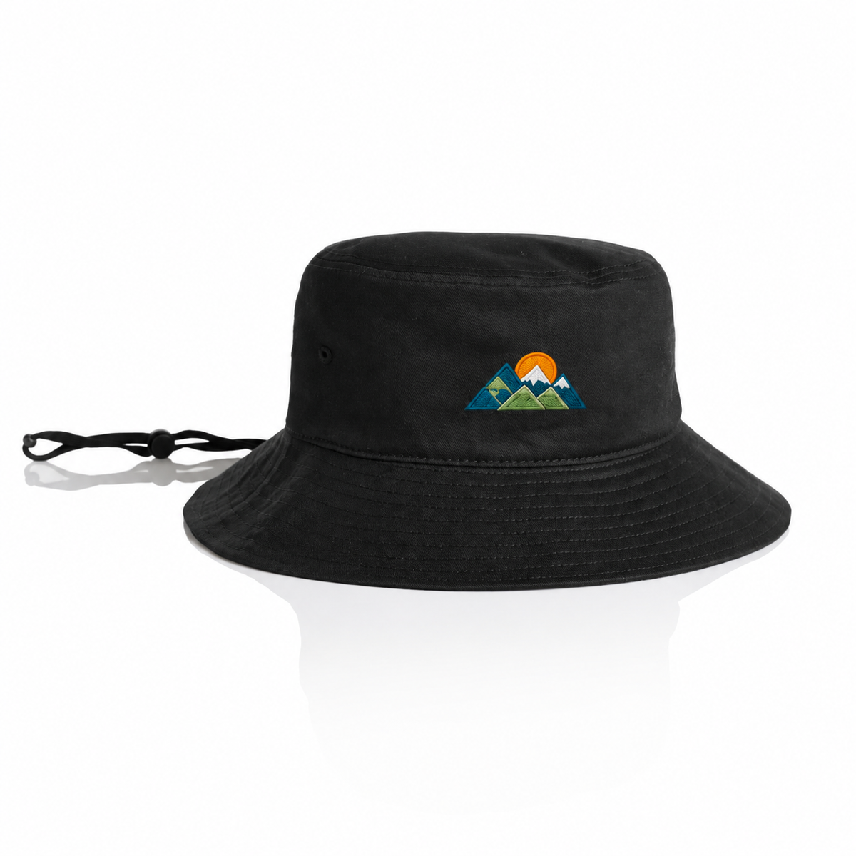 AS Colour Wide Brim Bucket Hat 1172 Black with example mountain embroidery, product-only