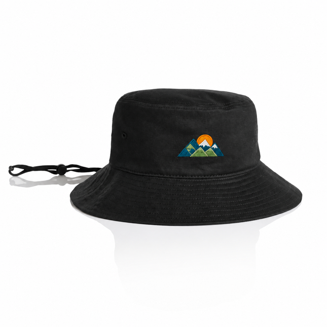AS Colour Wide Brim Bucket Hat 1172 Black with example mountain embroidery, product-only