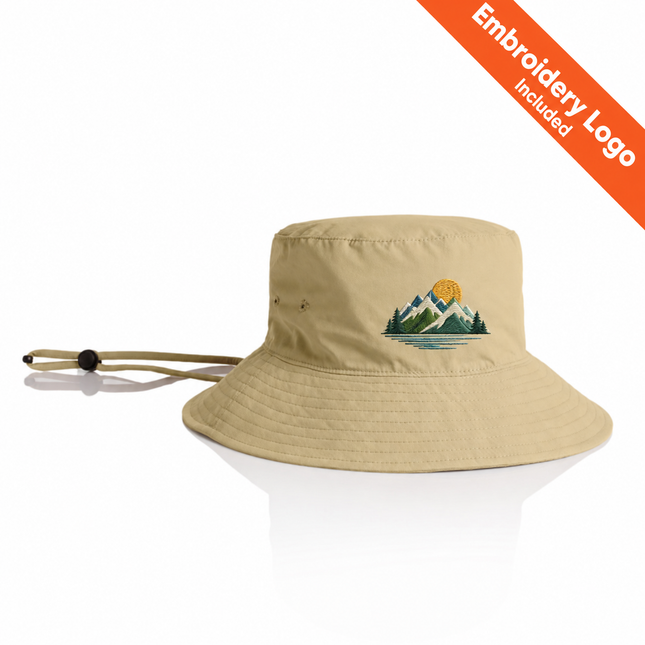 AS Colour Nylon Wide Burn Bucket Hat with a coloured example embroidered logo; original photographed hat colour and construction