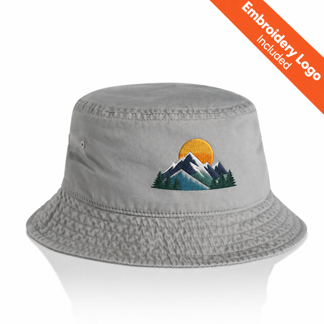 AS Colour Faded Bucket Hat with a coloured example embroidered logo; original photographed hat colour and construction