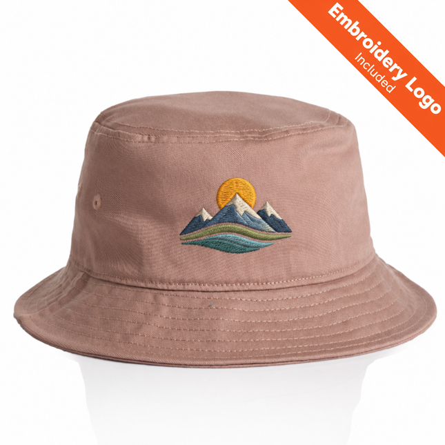 AS Colour Womens Bucket Hat – UPF 50+ | Custom Logo | No Minimum with a coloured example embroidered logo; original photographed hat colour and construction