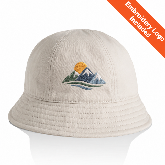AS Colour Womens Brim Bucket Hat with a coloured example embroidered logo; original photographed hat colour and construction