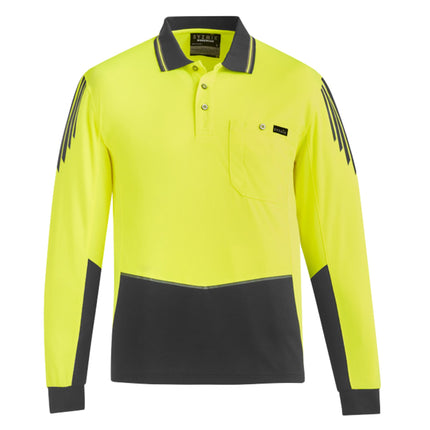 A neon yellow and dark gray long-sleeve polo shirt with a pocket, a gray collar, and gray stripes on the shoulders/sleeves and lower body panel.