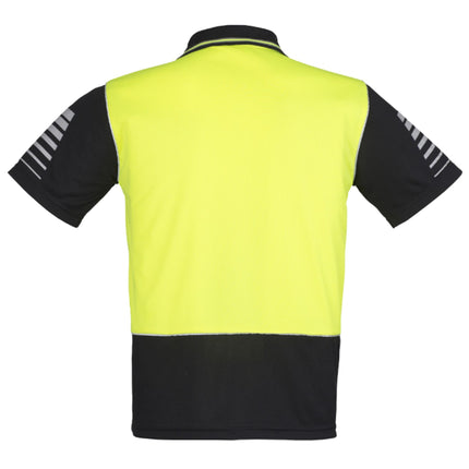 A rear view of a two-tone polo shirt: neon yellow top, black bottom. It has a collar and gray reflective stripes on the arms.