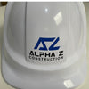 White hard hat with ALPHA Z CONSTRUCTION front logo printing example