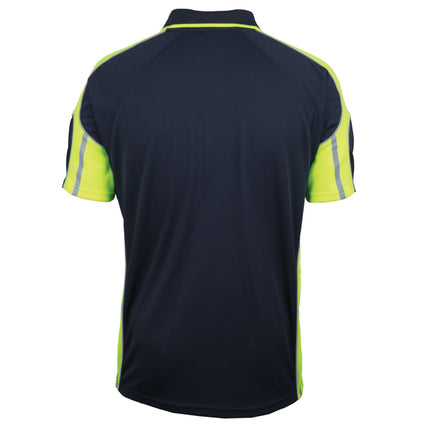 A rear view of a dark blue short-sleeve polo shirt. It has neon yellow side panels with thin gray reflective stripes and neon yellow sleeves with matching stripes. The fabric is quick-drying and easy to care for.