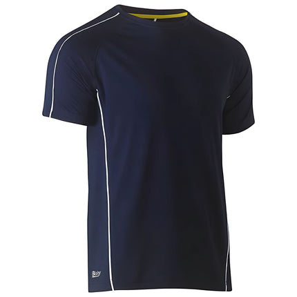 A close-up of a dark blue short-sleeve shirt. It has a high collar with a yellow stripe on the back and white piping on the sleeves and sides.
