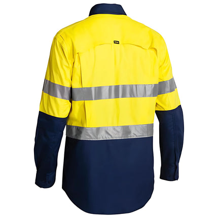 A rear view of a long-sleeve, two-tone work shirt. The back is bright yellow with two reflective stripes, and the bottom and sleeves are dark blue.