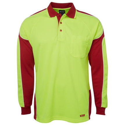 A front view of a long-sleeve polo shirt. The main body is neon yellow with red side panels and sleeves, outlined with white piping. It has a high collar and a single chest pocket.