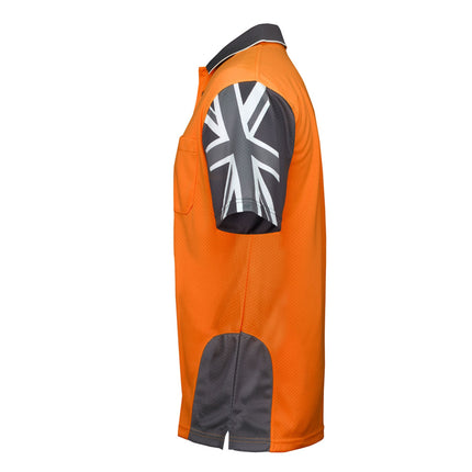 A side view of an orange and dark gray short-sleeve polo shirt. The left sleeve is dark gray with a white Union Jack print.