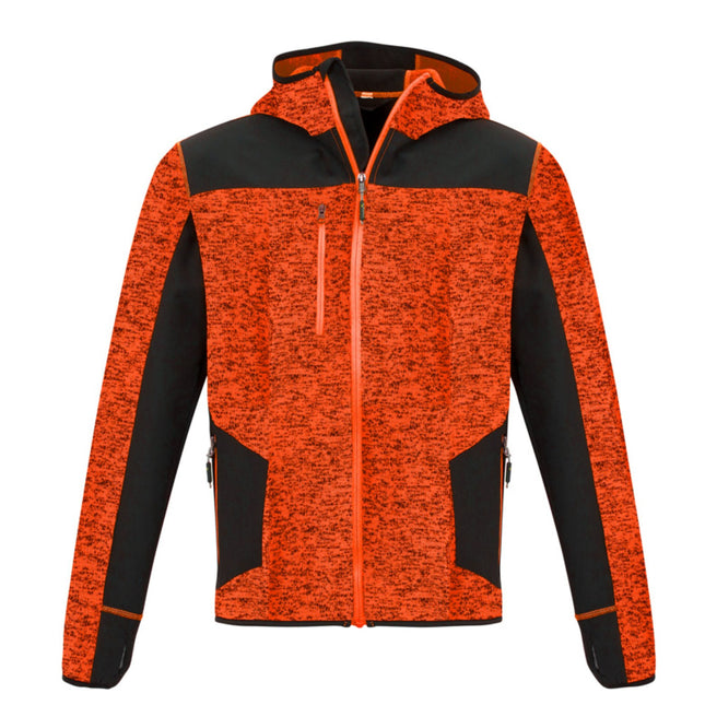 A front view of a hooded orange and black jacket. The orange body has a speckled knit texture. It has a full orange zipper and black shoulder, sleeve, and side panels.