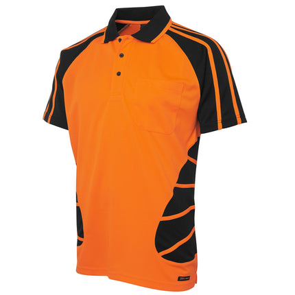 A close-up of a short-sleeve polo shirt. The shirt is orange with black, athletic-style striped patterns on the sides and sleeves. It has a high collar and a three-button front.