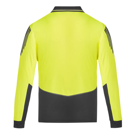  A rear view of a neon yellow and dark blue long-sleeve polo shirt. It has dark blue stripes on the shoulders/sleeves and a contrast lower body panel.
